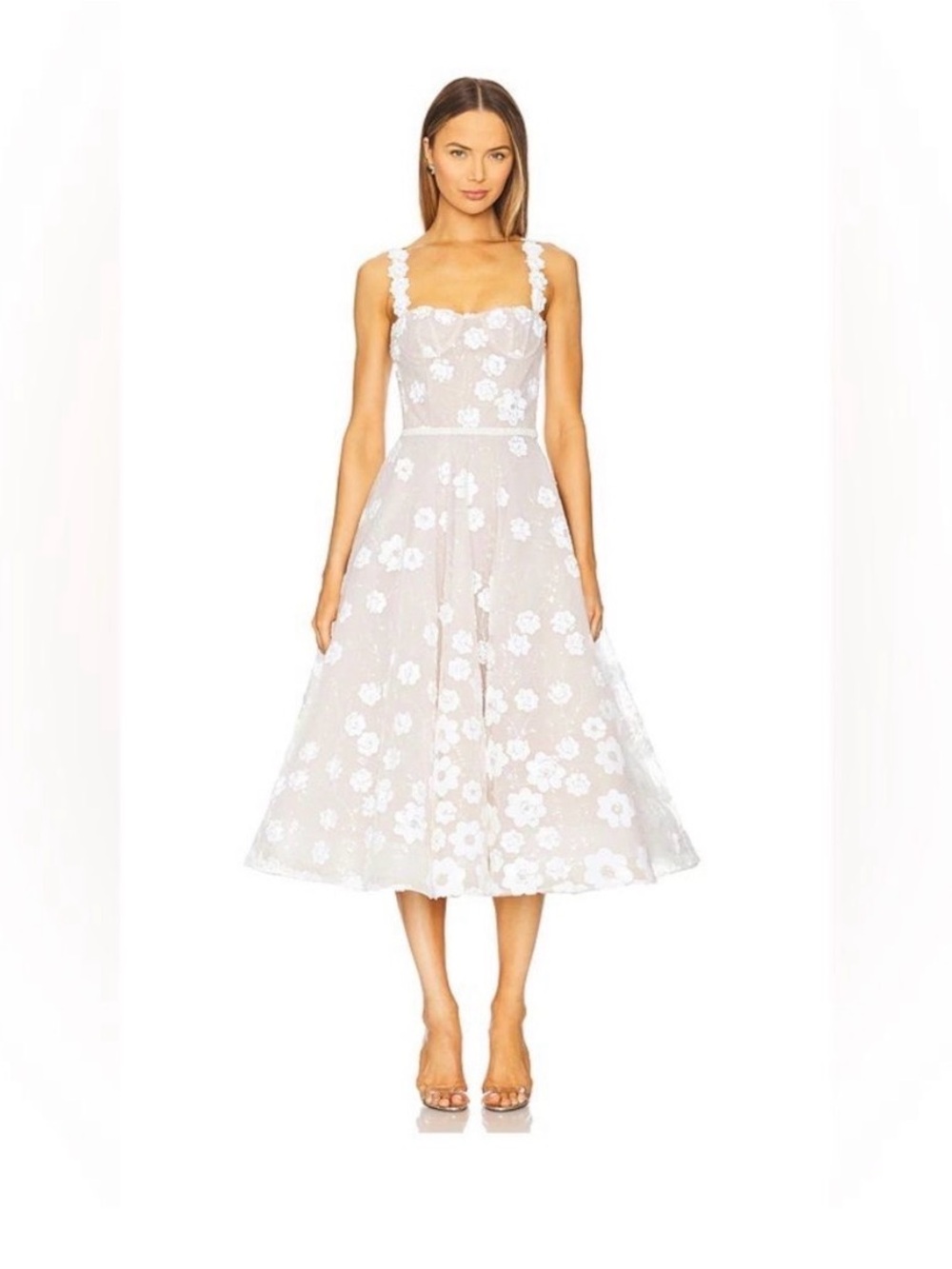 Bronx and Banco White Floral Lace Midi Dress